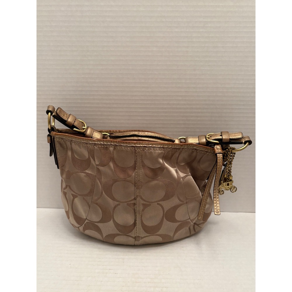 Coach Signature Jacquard Hobo Bag Bronze Khaki Metallic Leather 12675